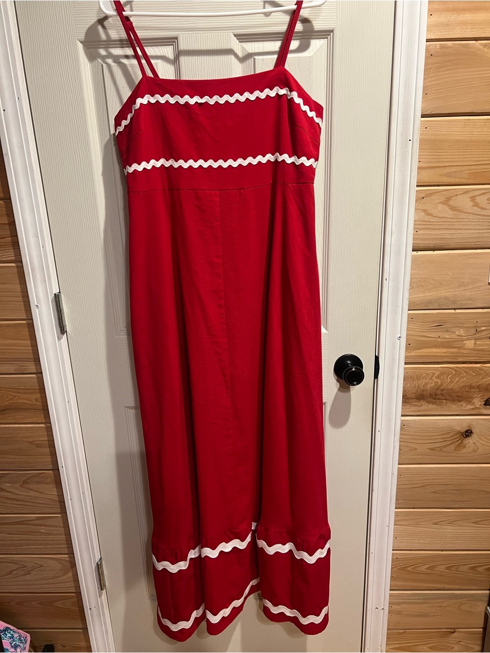 Amazon Red Maxi Dress with White Rickrack Trim